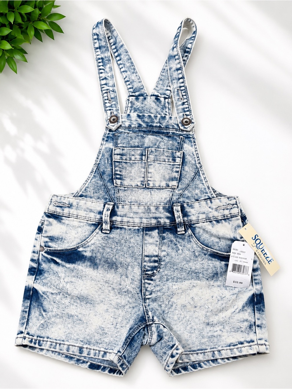 Squeeze Light Blue Acid-Wash Denim Short Overalls for Kids